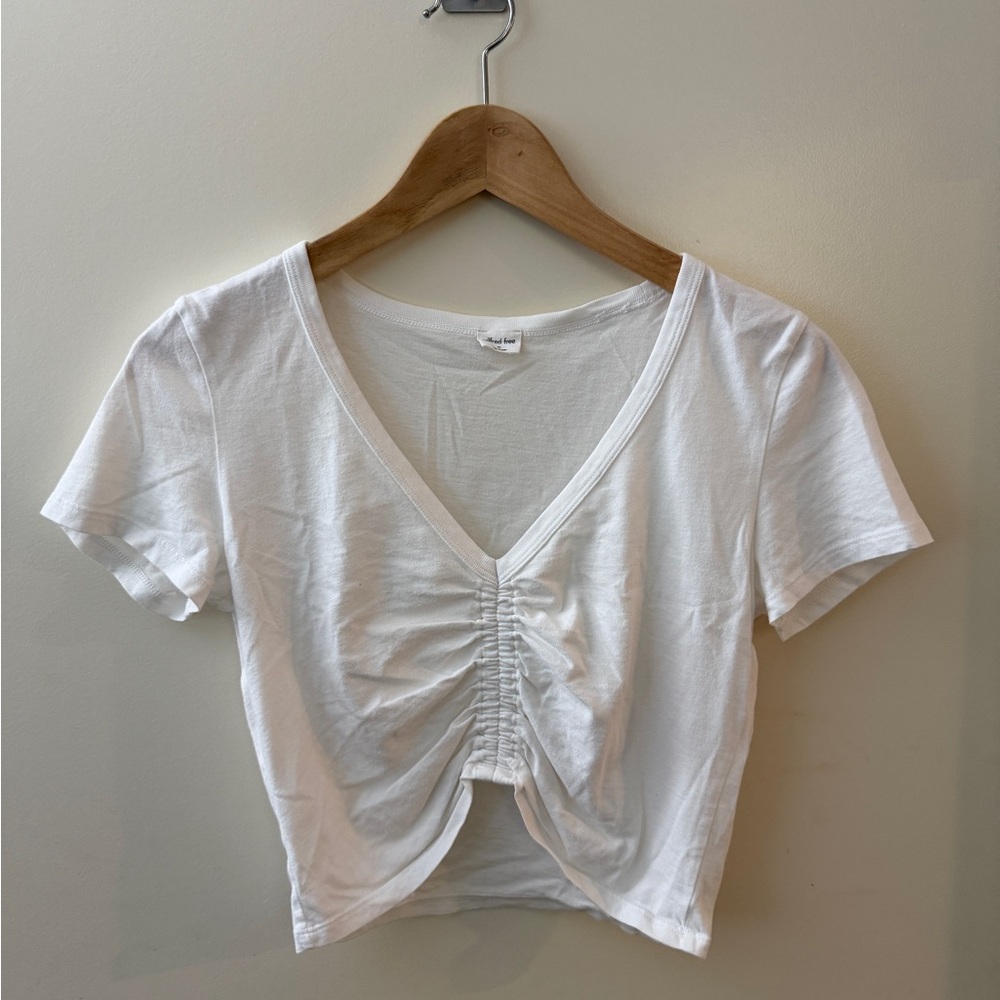 Aritzia White Ruched V-Neck Crop Top